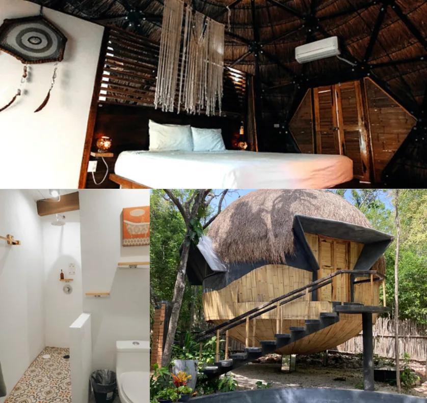 A bedroom, bathroom and dome cabin at the Ekumal retreat center